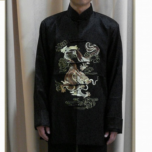 龍刺繍長袖カンフージャケット ブラック　サイズ：XL - ウインドウを閉じる