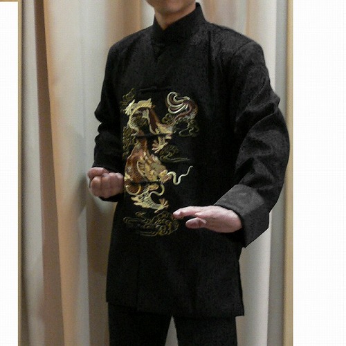 龍刺繍長袖カンフージャケット ブラック　サイズ：XL